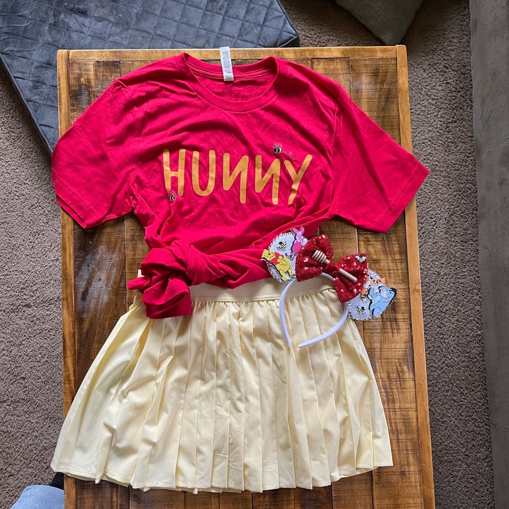 Disney bound Winnie the Pooh Mickey Ears, T-Shirt and Yellow Pleated Skirt Set